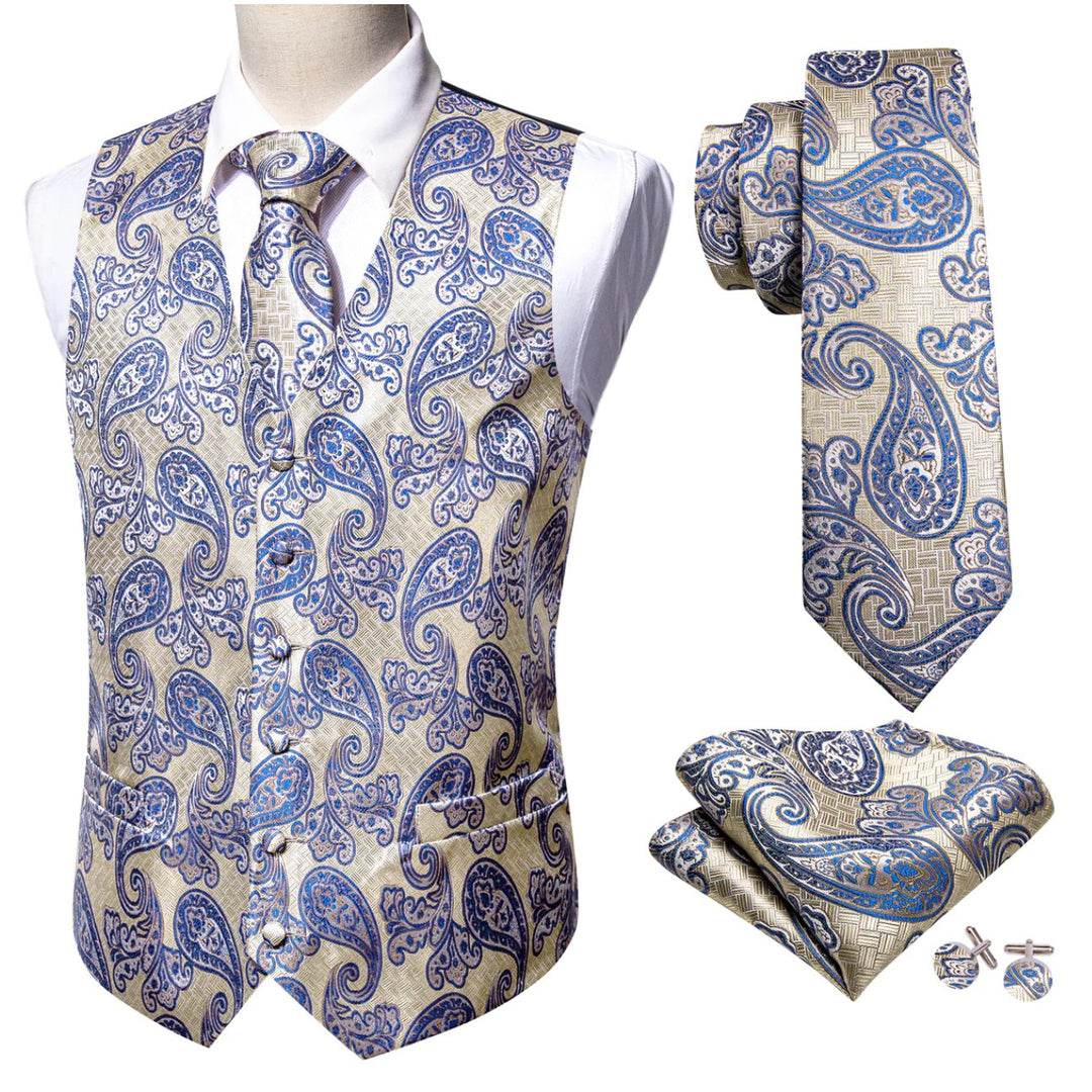 Classy Silver Blue Paisley Silk Vest Necktie Pocket Square Cufflinks Set- MJ-2589 - SimonVon Shop