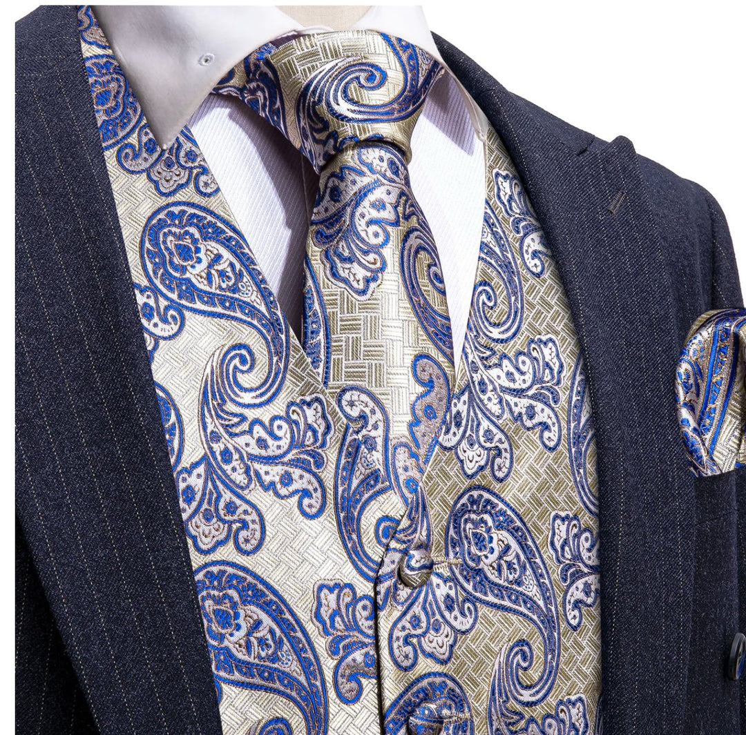 Classy Silver Blue Paisley Silk Vest Necktie Pocket Square Cufflinks Set- MJ-2589 - SimonVon Shop