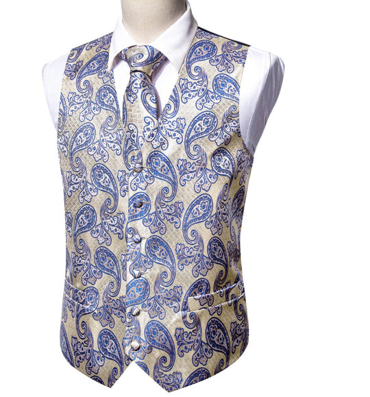 Classy Silver Blue Paisley Silk Vest Necktie Pocket Square Cufflinks Set- MJ-2589 - SimonVon Shop
