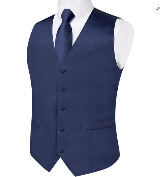 DARK BLUE SOLID SATIN WAISTCOAT VEST TIE HANDKERCHIEF CUFFLINKS SET-MD-0317 - SimonVon Shop