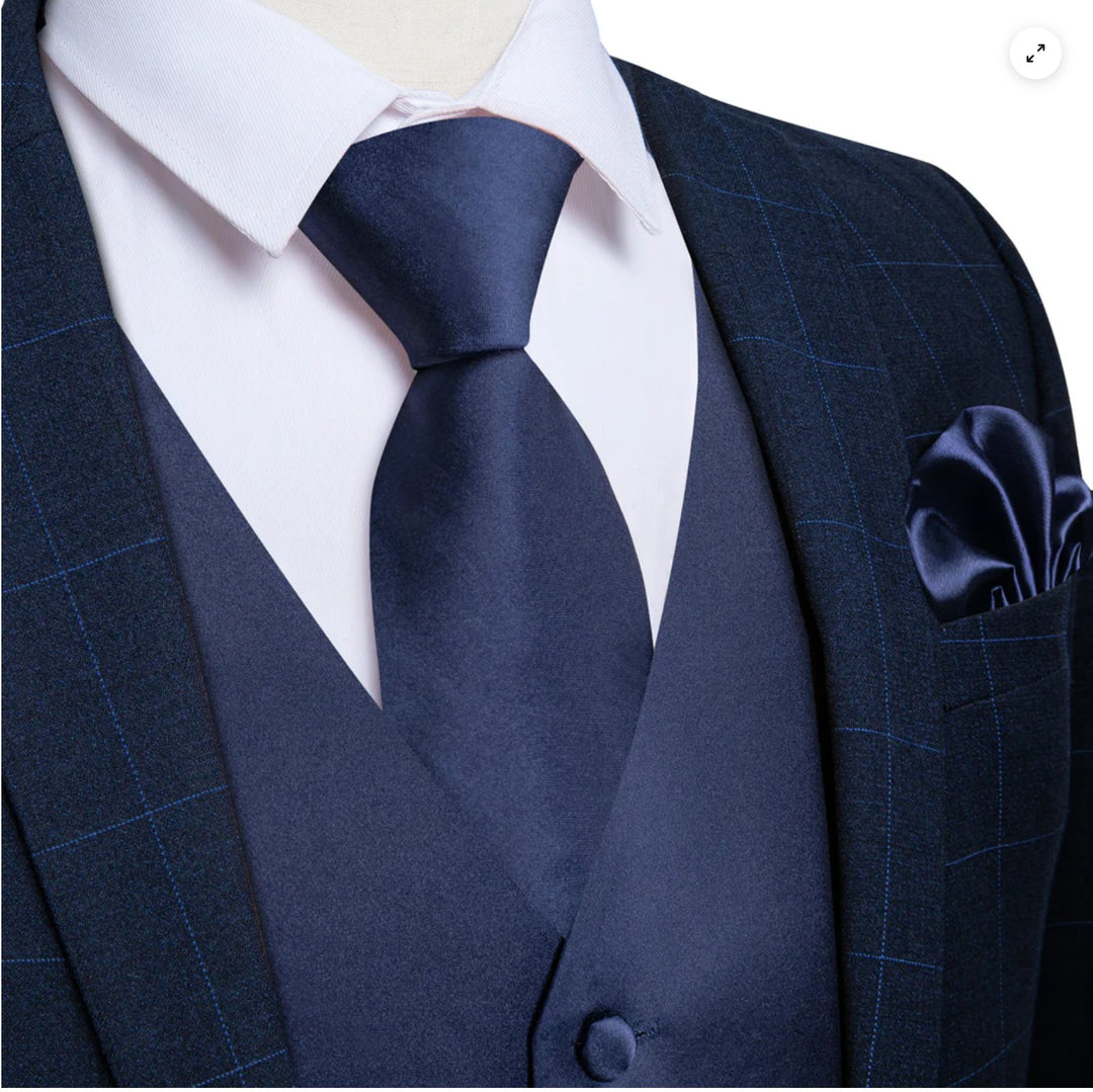 DARK BLUE SOLID SATIN WAISTCOAT VEST TIE HANDKERCHIEF CUFFLINKS SET-MD-0317 - SimonVon Shop