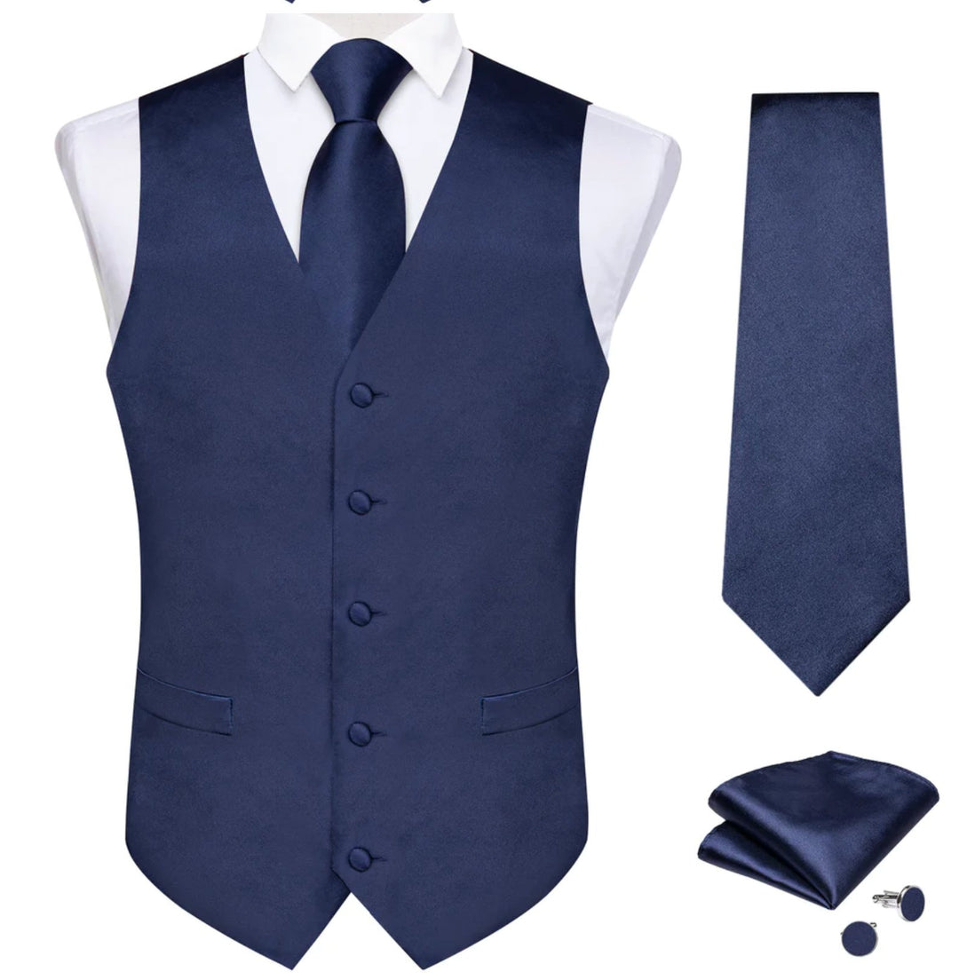 DARK BLUE SOLID SATIN WAISTCOAT VEST TIE HANDKERCHIEF CUFFLINKS SET-MD-0317 - SimonVon Shop