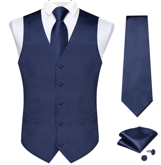 DARK BLUE SOLID SATIN WAISTCOAT VEST TIE HANDKERCHIEF CUFFLINKS SET-MD-0317 - SimonVon Shop