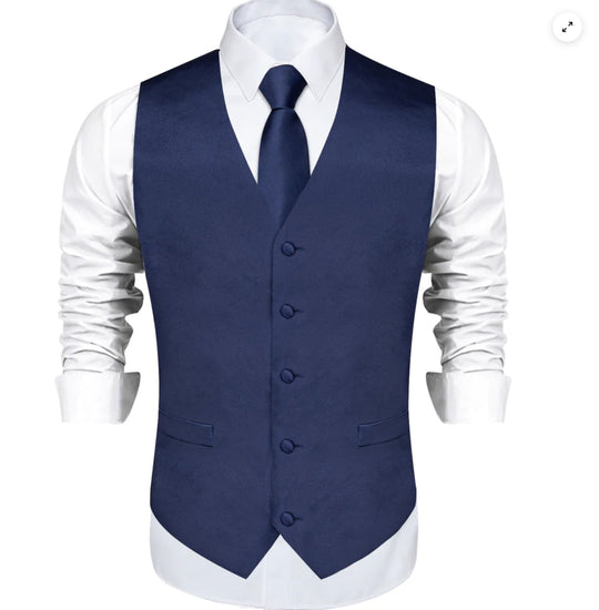 DARK BLUE SOLID SATIN WAISTCOAT VEST TIE HANDKERCHIEF CUFFLINKS SET-MD-0317 - SimonVon Shop