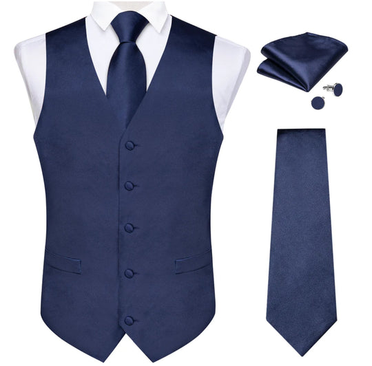 DARK BLUE SOLID SATIN WAISTCOAT VEST TIE HANDKERCHIEF CUFFLINKS SET-MD-0317 - SimonVon Shop