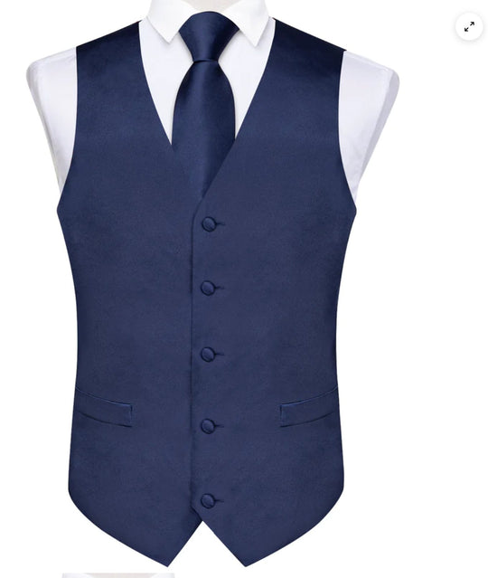 DARK BLUE SOLID SATIN WAISTCOAT VEST TIE HANDKERCHIEF CUFFLINKS SET-MD-0317 - SimonVon Shop
