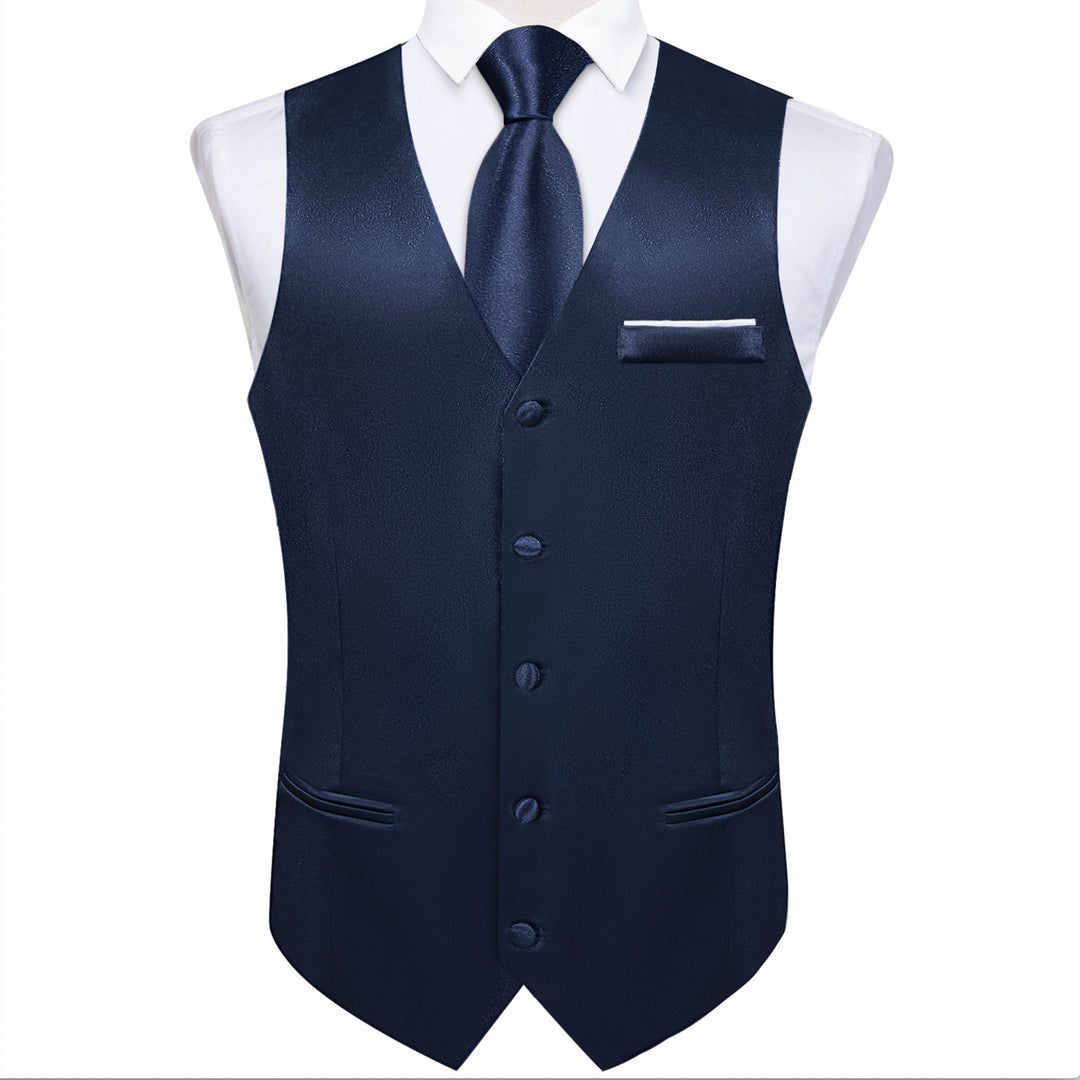 Dark Blue Solid Satin Waistcoat Vest Tie Handkerchief Cufflinks Set-MJ-0638 - SimonVon Shop