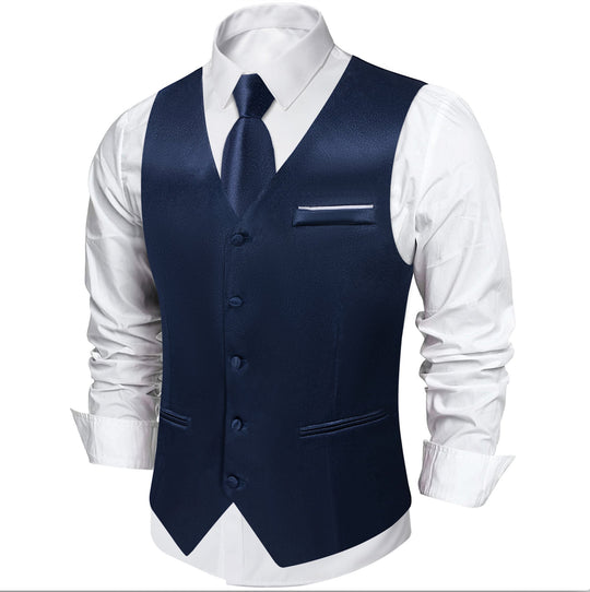 Dark Blue Solid Satin Waistcoat Vest Tie Handkerchief Cufflinks Set-MJ-0638 - SimonVon Shop