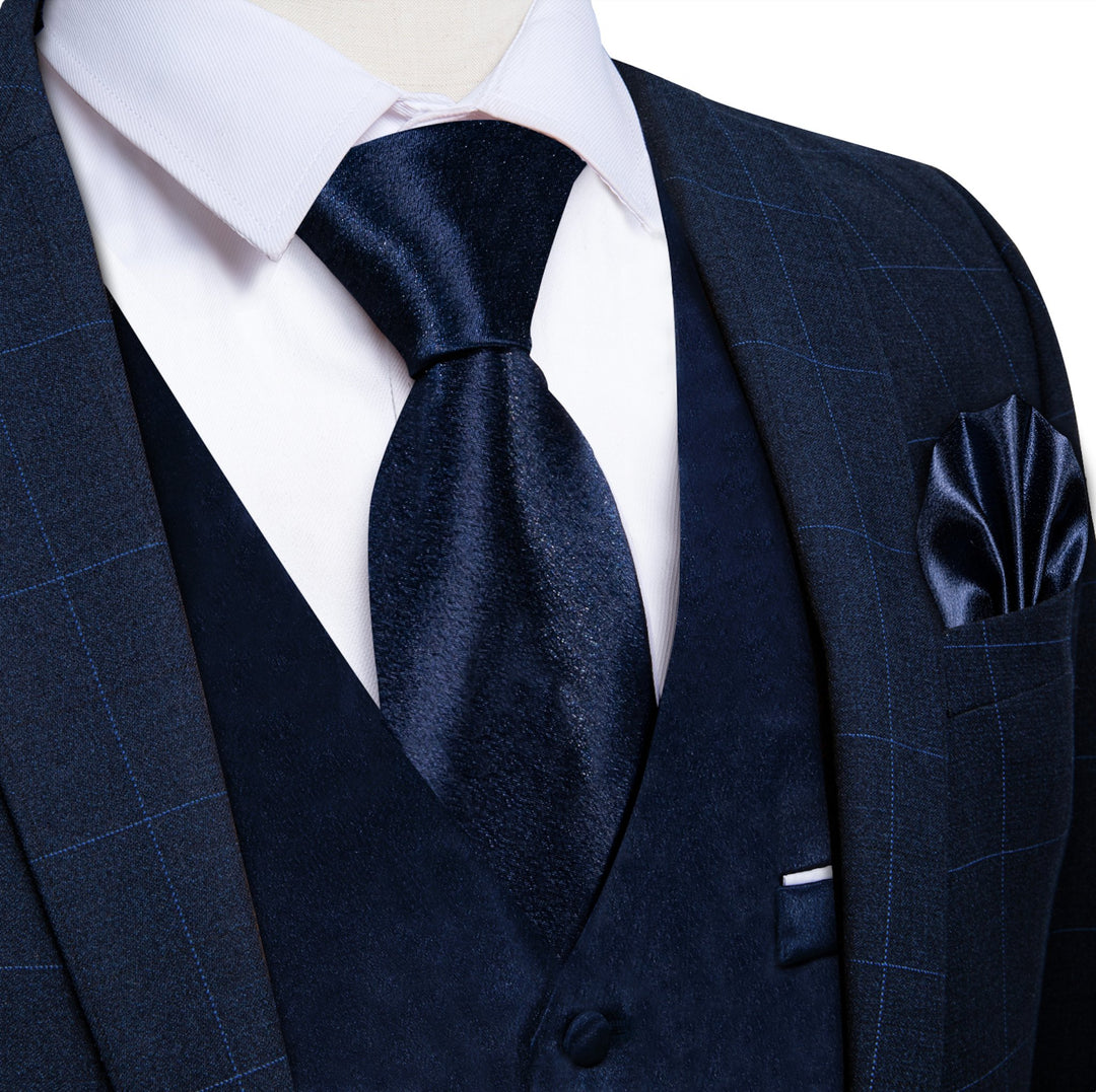 Dark Blue Solid Satin Waistcoat Vest Tie Handkerchief Cufflinks Set-MJ-0638 - SimonVon Shop