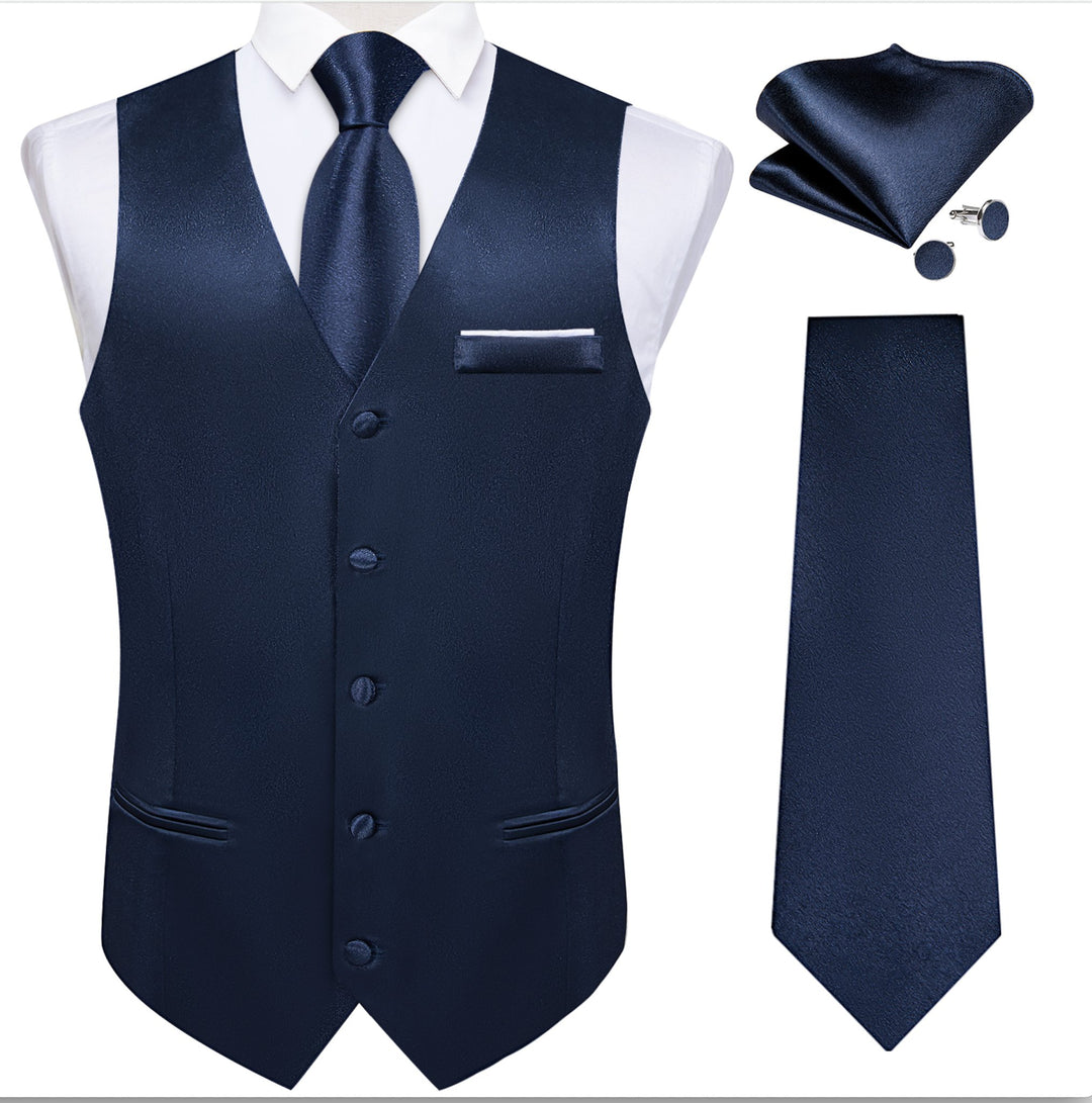 Dark Blue Solid Satin Waistcoat Vest Tie Handkerchief Cufflinks Set-MJ-0638 - SimonVon Shop