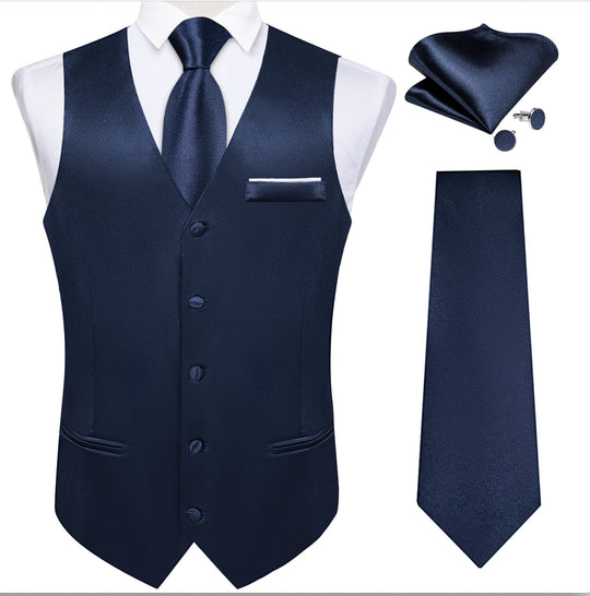 Dark Blue Solid Satin Waistcoat Vest Tie Handkerchief Cufflinks Set-MJ-0638 - SimonVon Shop