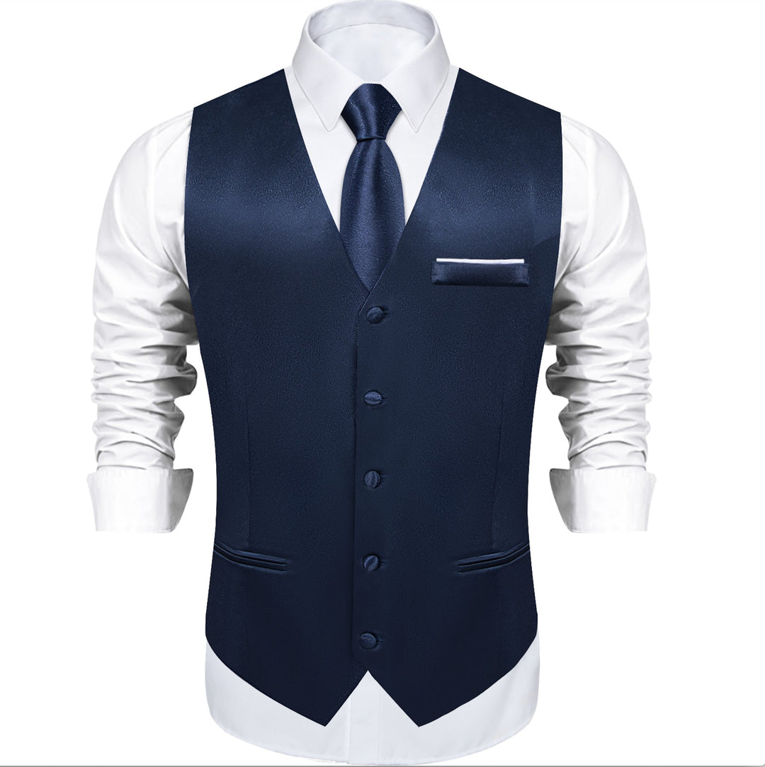 Dark Blue Solid Satin Waistcoat Vest Tie Handkerchief Cufflinks Set-MJ-0638 - SimonVon Shop