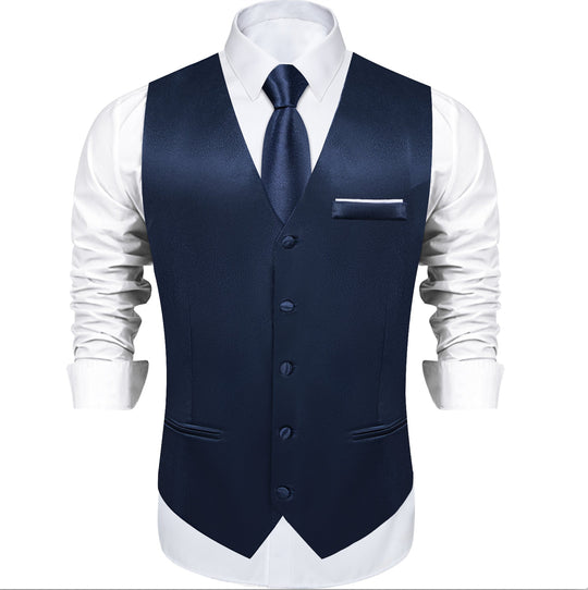 Dark Blue Solid Satin Waistcoat Vest Tie Handkerchief Cufflinks Set-MJ-0638 - SimonVon Shop