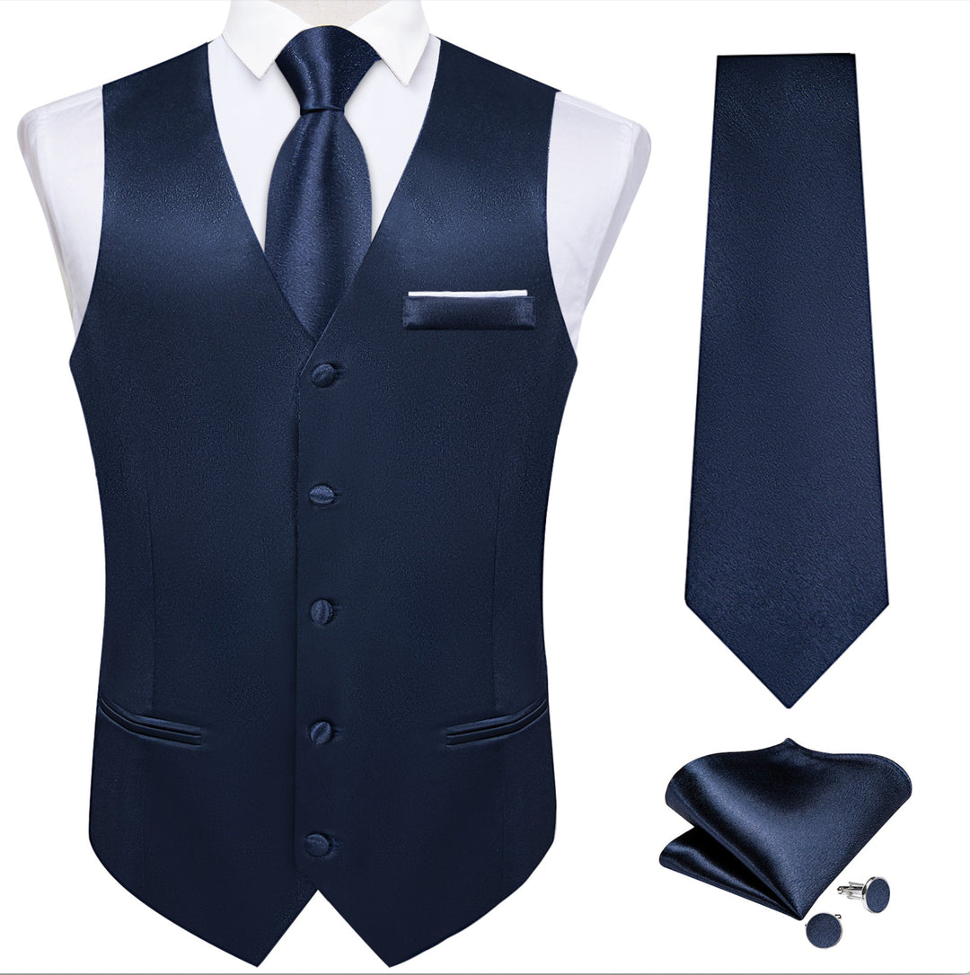Dark Blue Solid Satin Waistcoat Vest Tie Handkerchief Cufflinks Set-MJ-0638 - SimonVon Shop