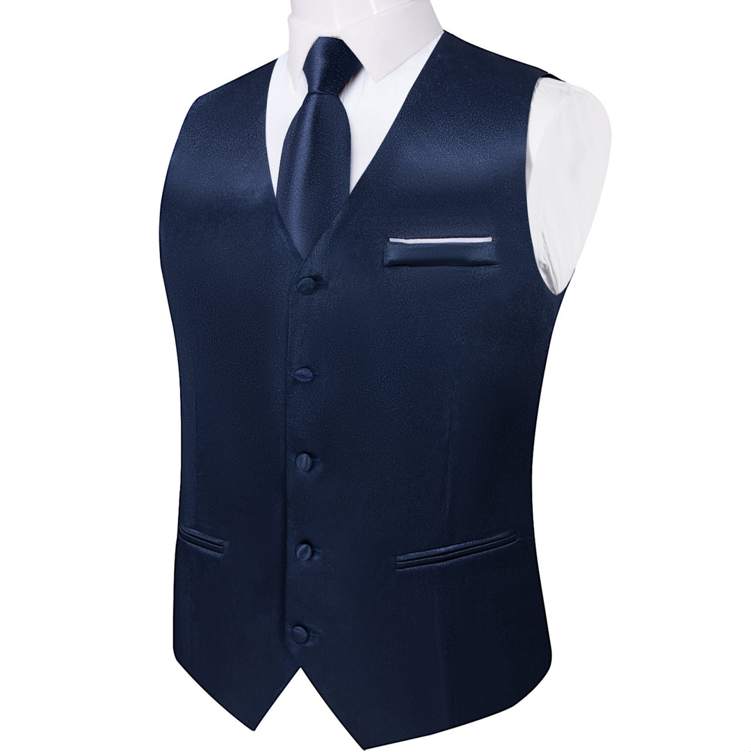 Dark Blue Solid Satin Waistcoat Vest Tie Handkerchief Cufflinks Set-MJ-0638 - SimonVon Shop