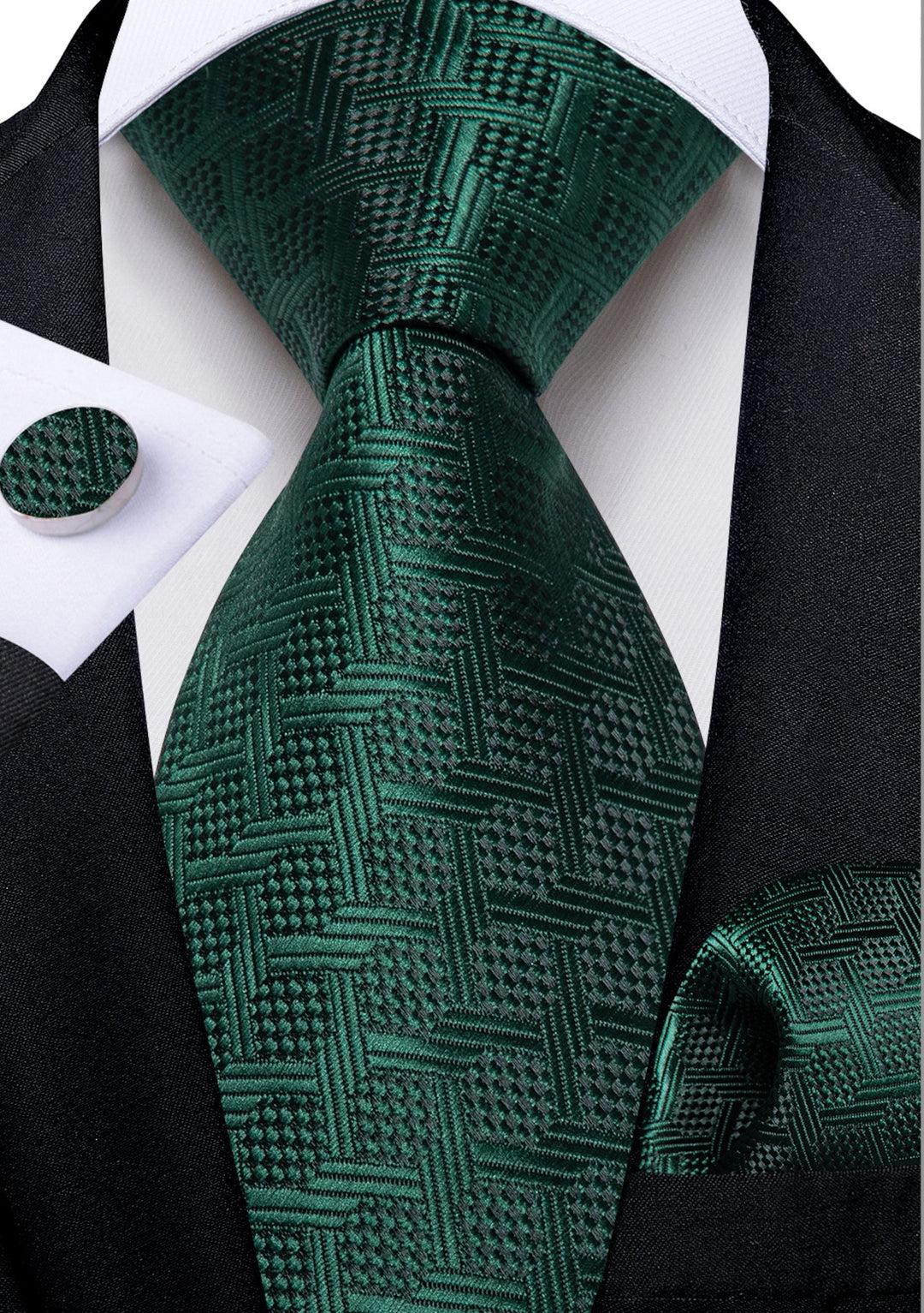 Dark Green Plaid Men's Tie Handkerchief Cufflinks Set- N-8345 - SimonVon Shop