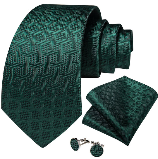 Dark Green Plaid Men's Tie Handkerchief Cufflinks Set- N-8345 - SimonVon Shop