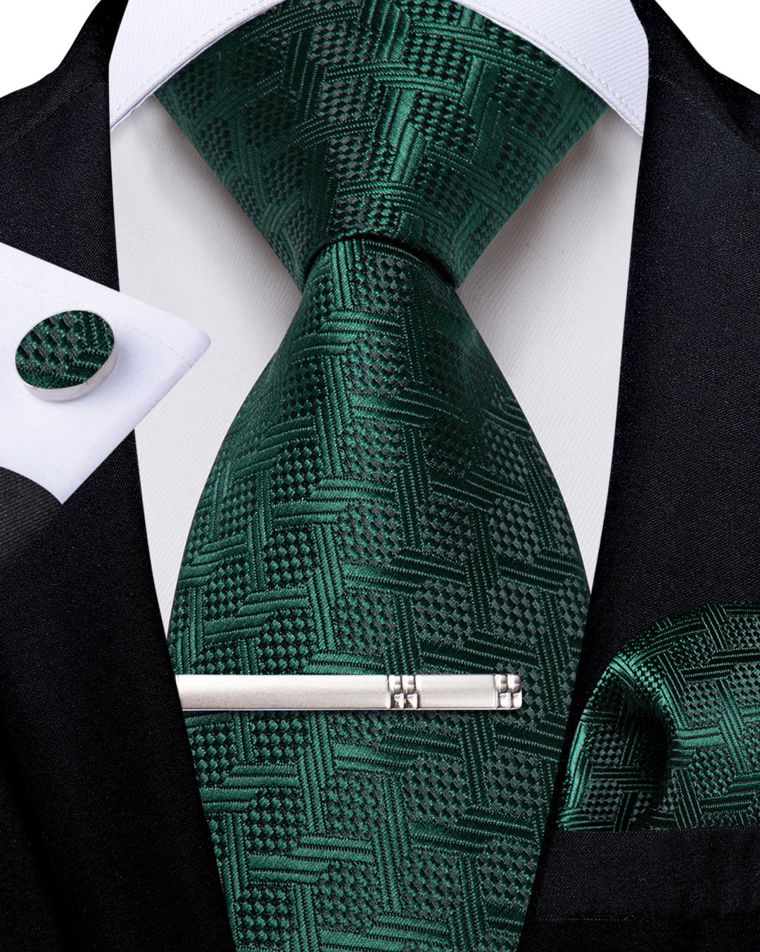 Dark Green Plaid Men's Tie Handkerchief Cufflinks Set- N-8345 - SimonVon Shop
