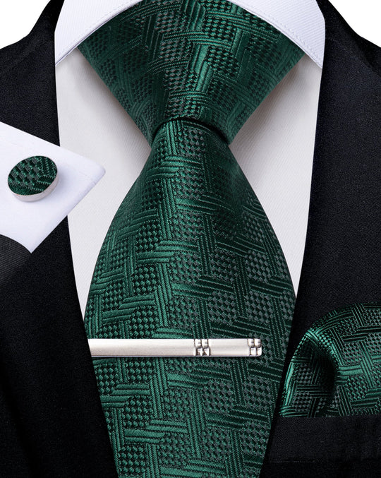 Dark Green Plaid Men's Tie Handkerchief Cufflinks Set- N-8345 - SimonVon Shop