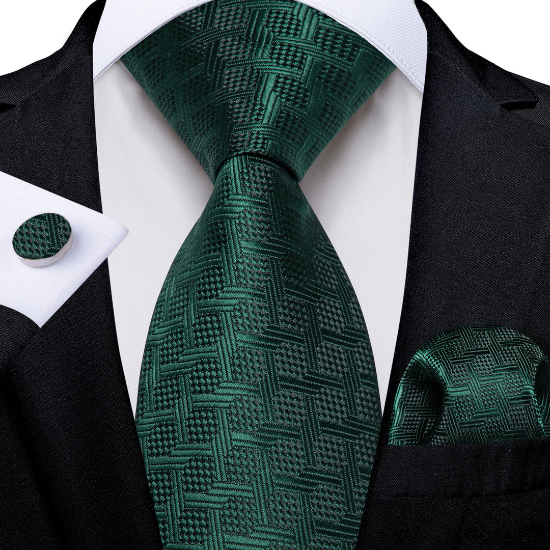 Dark Green Plaid Men's Tie Handkerchief Cufflinks Set- N-8345 - SimonVon Shop