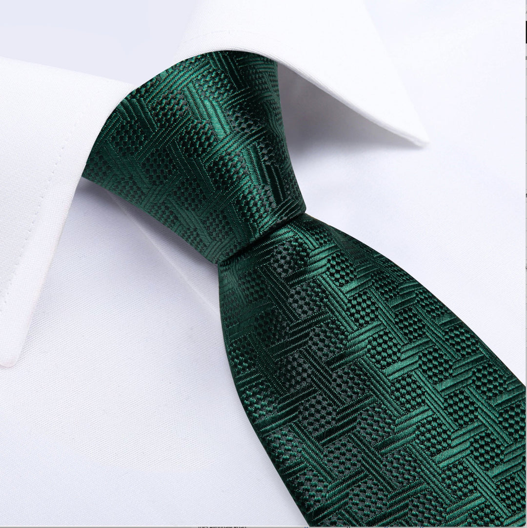 Dark Green Plaid Men's Tie Handkerchief Cufflinks Set- N-8345 - SimonVon Shop
