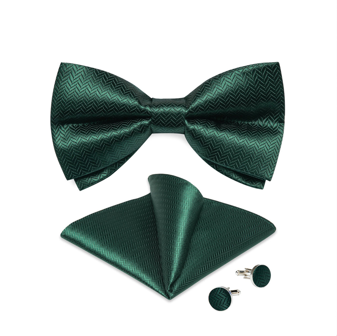 Dark Green Solid Pre-tied Bow Tie Hanky Cufflinks Set- LH-0160 - SimonVon Shop