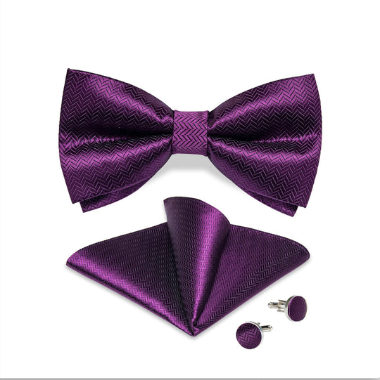 Dark Purple Striped Silk Self-tied Bow Tie Pocket Square Cufflinks Set-LH-0158 - SimonVon Shop