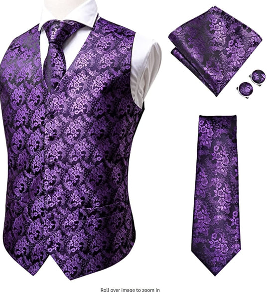 Dark Purple Waistcoat Vest, Necktie, Pocket Square, Cufflinks Set-MJ-0015 - SimonVon Shop