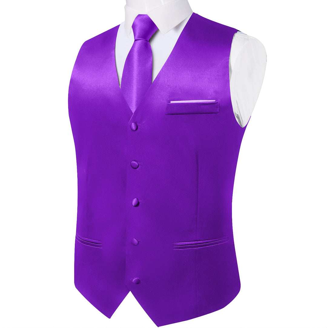 Deep Purple Solid Satin Waistcoat Vest Tie Handkerchief Cufflinks Set- MJ-0647 - SimonVon Shop