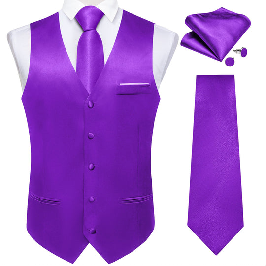 Deep Purple Solid Satin Waistcoat Vest Tie Handkerchief Cufflinks Set- MJ-0647 - SimonVon Shop