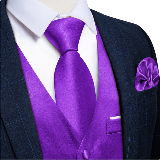 Deep Purple Solid Satin Waistcoat Vest Tie Handkerchief Cufflinks Set- MJ-0647 - SimonVon Shop