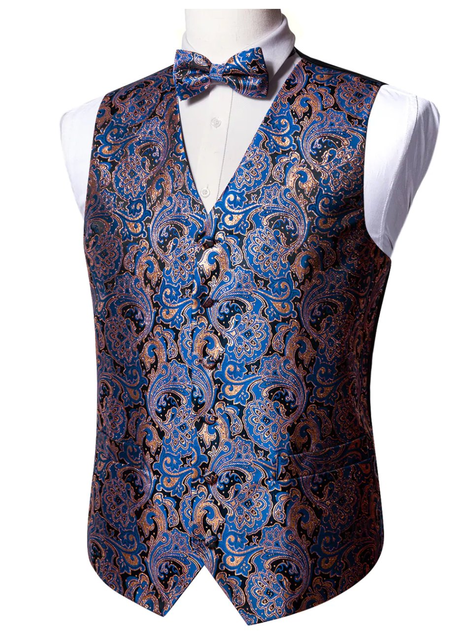Fashion Men's Blue Paisley Silk Vest Bowtie Pocket square Cufflinks-MJ-2503 - SimonVon Shop