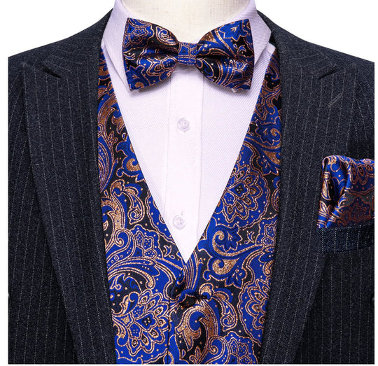 Fashion Men's Blue Paisley Silk Vest Bowtie Pocket square Cufflinks-MJ-2503 - SimonVon Shop