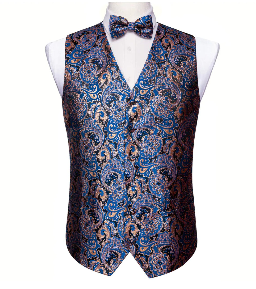 Fashion Men's Blue Paisley Silk Vest Bowtie Pocket square Cufflinks-MJ-2503 - SimonVon Shop