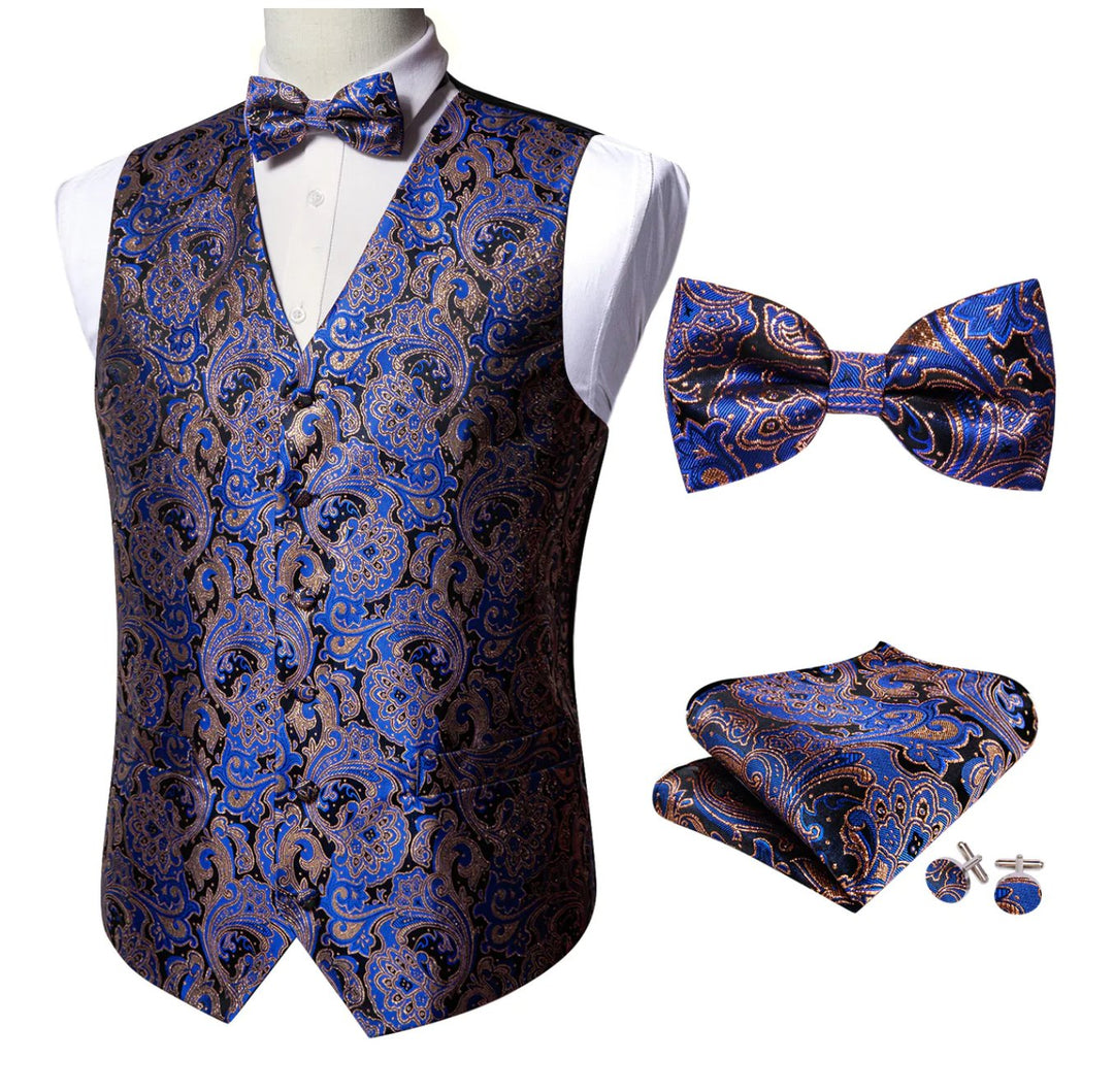 Fashion Men's Blue Paisley Silk Vest Bowtie Pocket square Cufflinks-MJ-2503 - SimonVon Shop