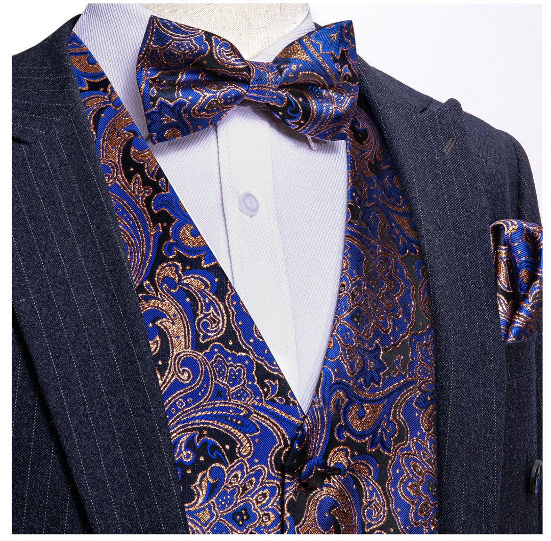 Fashion Men's Blue Paisley Silk Vest Bowtie Pocket square Cufflinks-MJ-2503 - SimonVon Shop