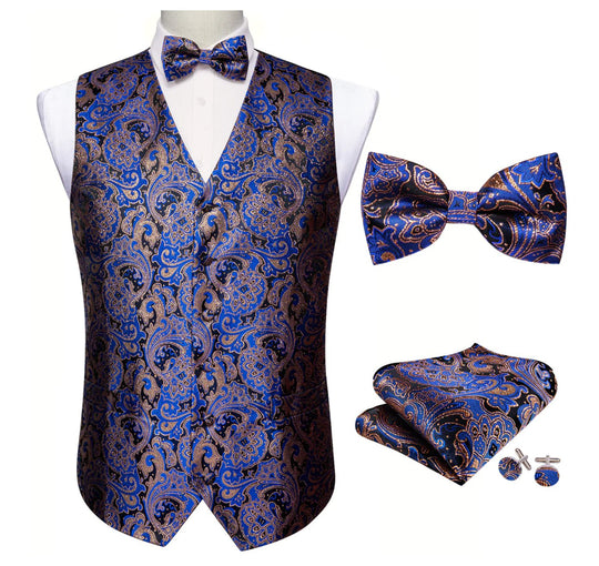 Fashion Men's Blue Paisley Silk Vest Bowtie Pocket square Cufflinks-MJ-2503 - SimonVon Shop