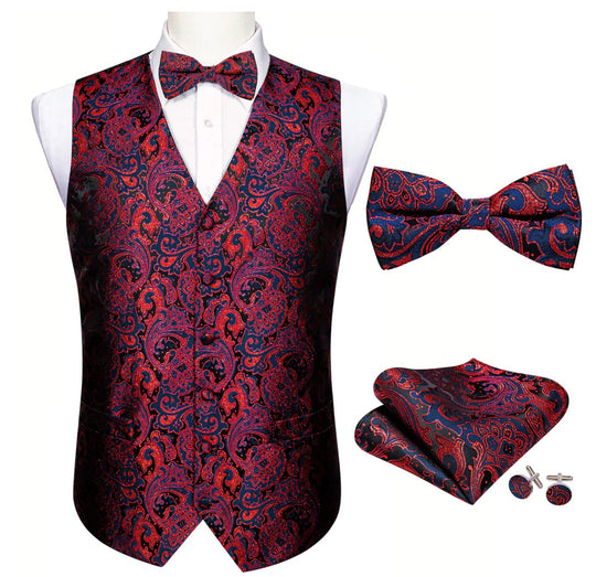 Fashion Men's Red Blue Paisley Silk Vest Bowtie Pocket square Cufflinks-MJ-2504 - SimonVon Shop