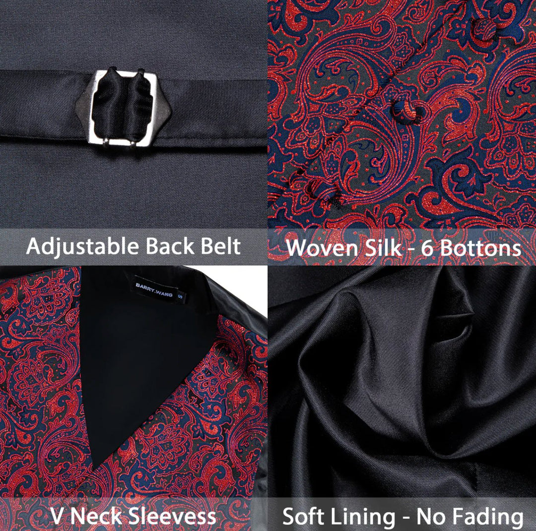 Fashion Men's Red Blue Paisley Silk Vest Bowtie Pocket square Cufflinks-MJ-2504 - SimonVon Shop