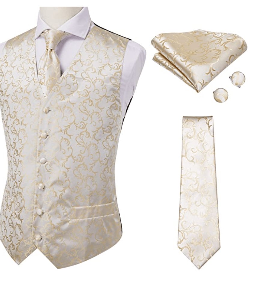 Gold and Burge Classic Men's 4pc Waistcoat Vest Necktie Pocket Square Cufflinks Set- MJ-0017 - SimonVon Shop
