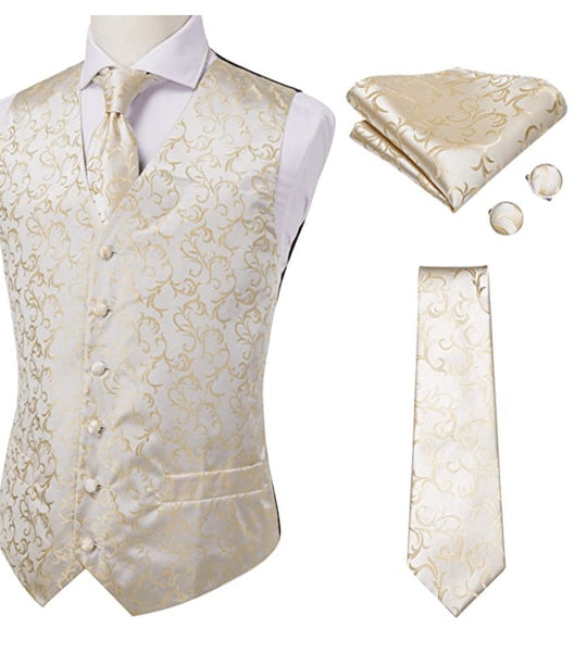 Gold and Burge Classic Men's 4pc Waistcoat Vest Necktie Pocket Square Cufflinks Set- MJ-0017 - SimonVon Shop