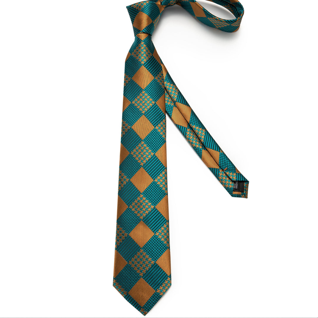 Gold and Teal Men's Silk Tie handkerchief Cufflinks set - SimonVon Shop