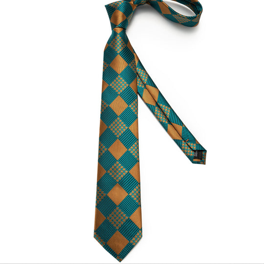 Gold and Teal Men's Silk Tie handkerchief Cufflinks set - SimonVon Shop