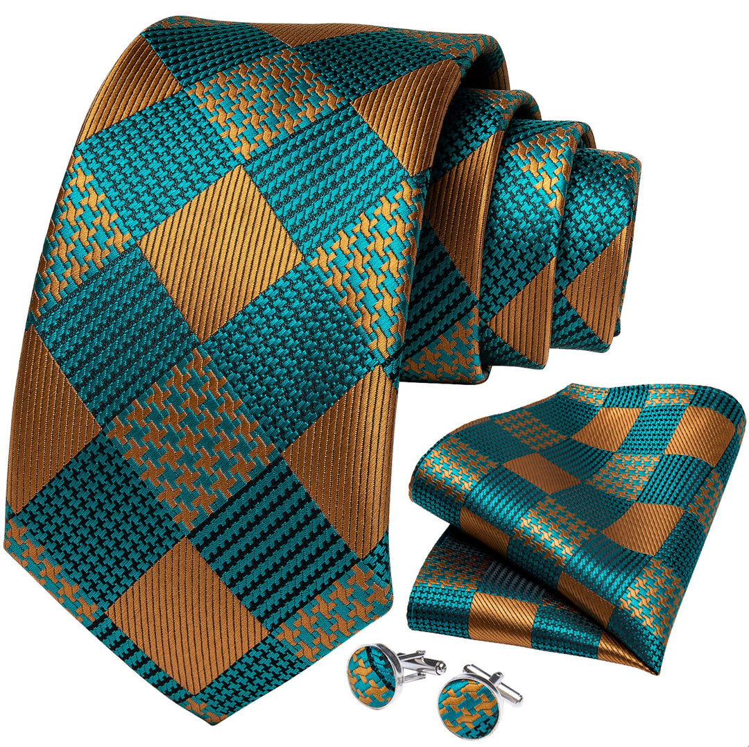 Gold and Teal Men's Silk Tie handkerchief Cufflinks set - SimonVon Shop