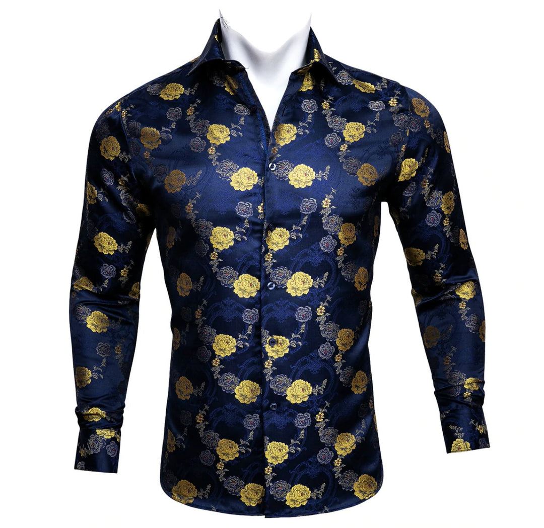 Gold Blue Floral Silk Mens Shirts. CY-0052 - SimonVon Shop