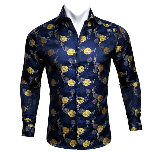Gold Blue Floral Silk Mens Shirts. CY-0052 - SimonVon Shop
