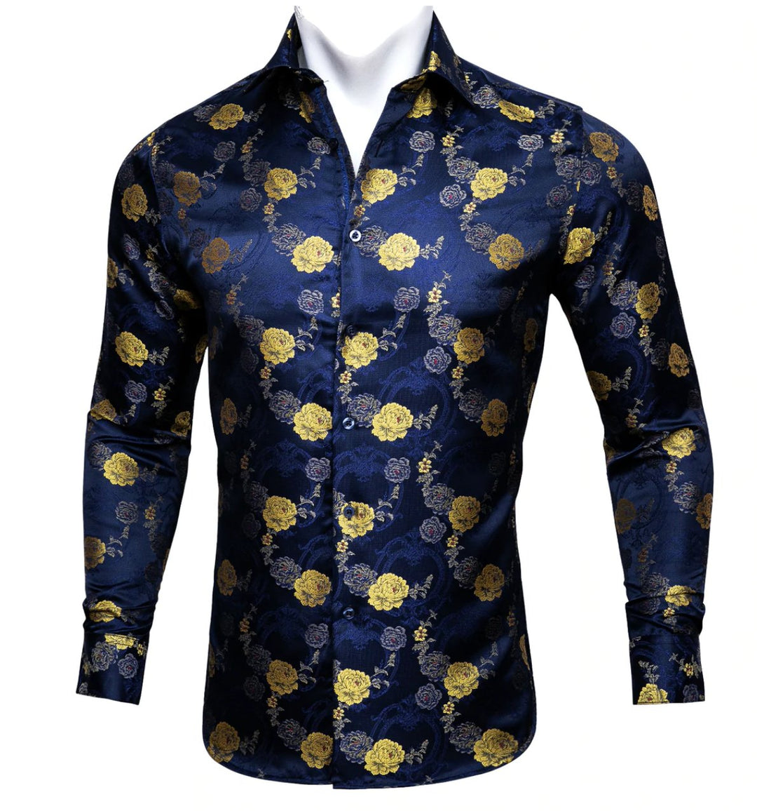 Gold Blue Floral Silk Mens Shirts. CY-0052 - SimonVon Shop