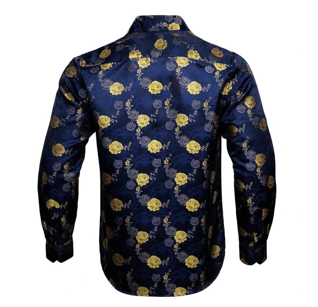 Gold Blue Floral Silk Mens Shirts. CY-0052 - SimonVon Shop