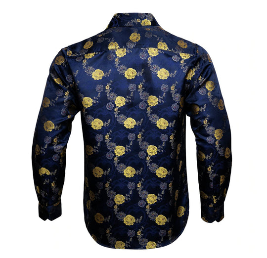 Gold Blue Floral Silk Mens Shirts. CY-0052 - SimonVon Shop