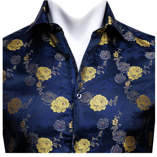 Gold Blue Floral Silk Mens Shirts. CY-0052 - SimonVon Shop